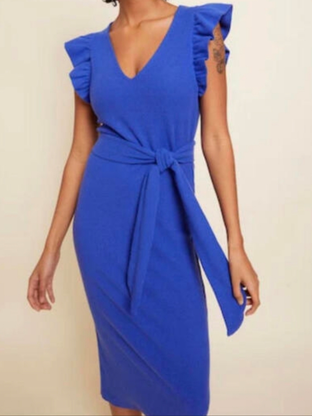 NATION LTD bright blue ruffled ribbed knee length dress sz XL